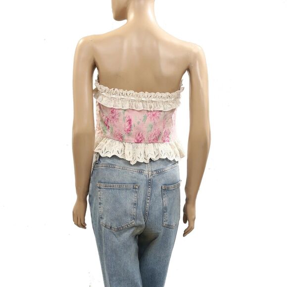 Free People Dolly Tube Cropped Top Floral Printed Smocked Ruched Lace M 284235 - Picture 6 of 7